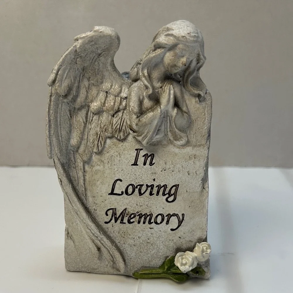 In Loving Memory Angel Statue Memorial Grave Marker Tribute Stone Figurine Grey
